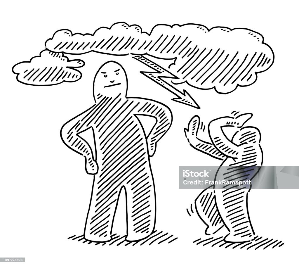 Fear Concept Human Figures Lightning Drawing Hand-drawn vector drawing of a Fear Concept with two Human Figures. A Lightning comes from a big cloud on top and threatens the small figure. Black-and-White sketch on a transparent background (.eps-file). Included files are EPS (v10) and Hi-Res JPG. Doodle stock vector