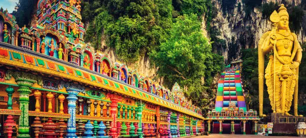 Beautiful view of colorful stairs of Batu caves, Kuala Lumpur, Malaysia. Panorama