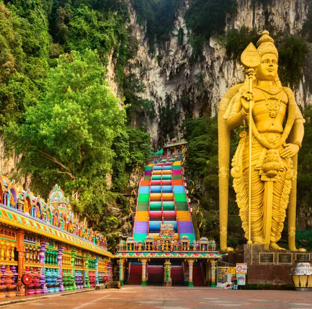 Beautiful view of colorful stairs of Batu caves. Malaysia
