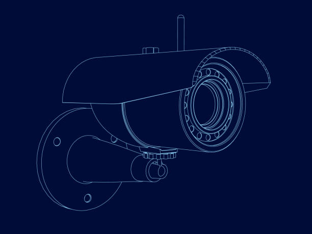 istock Wireframe camera frame. Isometric view. Contour of the surveillance camera of the blue lines on a dark background. Vector illustration 1141929361
