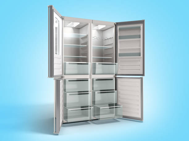 istock Empty Open Stainless steel modern refrigerator 3d illustration on blue gradient background 1141929417