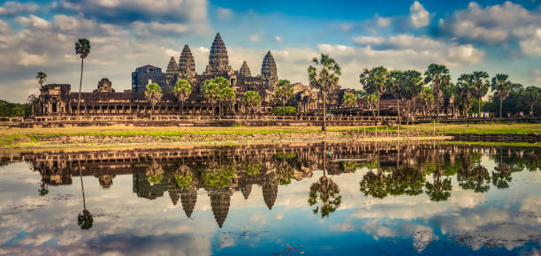 Angkor Wat temple at sunset. Siem Reap. Cambodia. Panorama stock photo