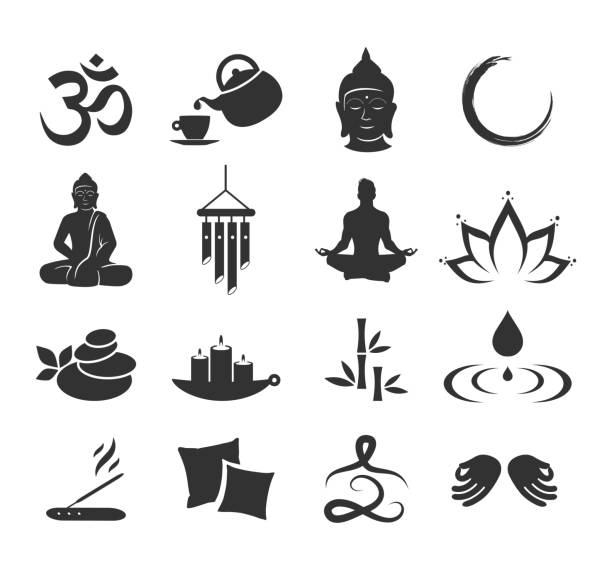 ilustraciones, imágenes clip art, dibujos animados e iconos de stock de icono zen set vector - buda