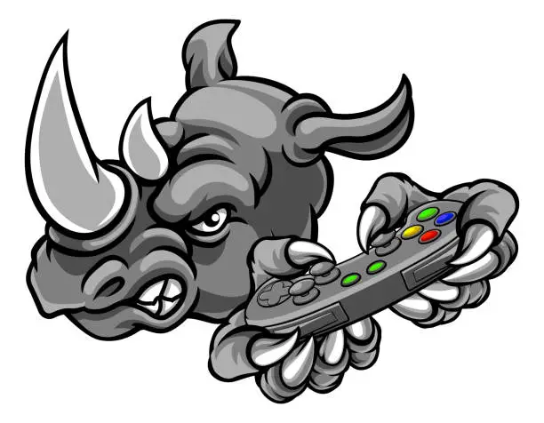 Vector illustration of Rhino Gamer Mascot Holding Controller