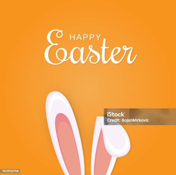 Easter Orange Poster Background Or Card With Bunny Ears Vector Illustration Stock Illustration - Download Image Now