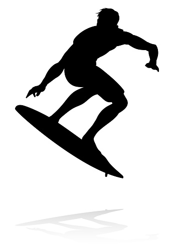 A high quality detailed silhouette of a surfer surfing the waves on his surfboard