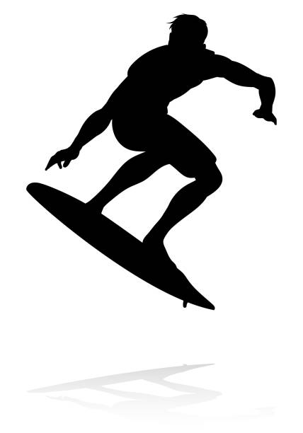 Surfer Silhouette A high quality detailed silhouette of a surfer surfing the waves on his surfboard surfing stock illustrations