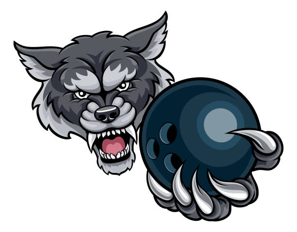 늑대 지주 볼링 공 마스코트 - wolf mascot vector gray wolf stock illustrations