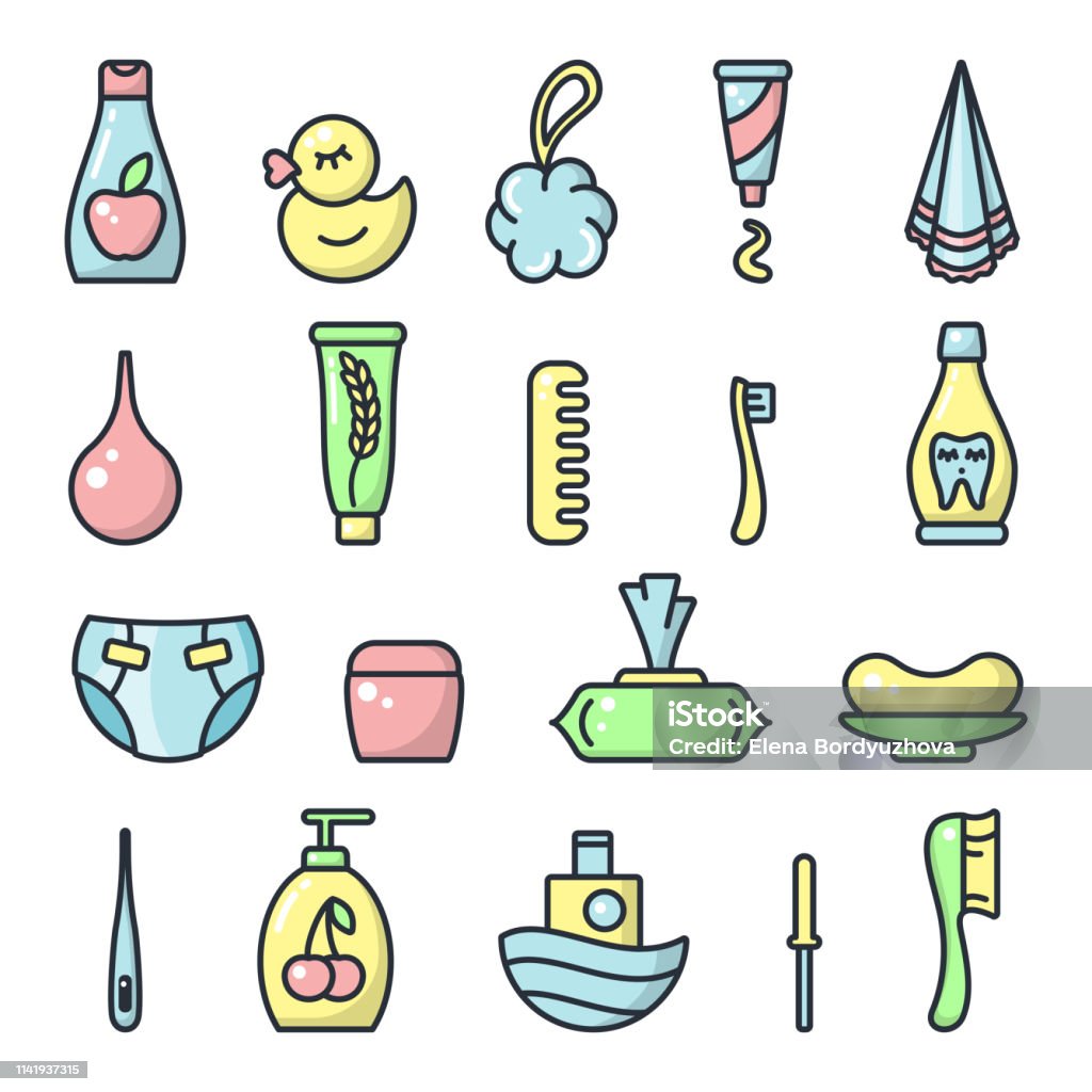 Icons Set Of Baby Hygiene Accessories In Cartoon Style Stock Illustration -  Download Image Now - iStock