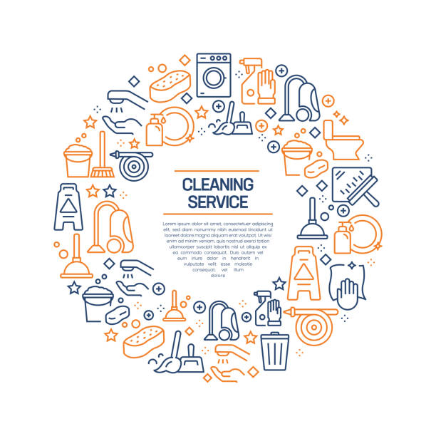 Cleaning Service Concept - Colorful Line Icons, Arranged in Circle Cleaning Service Concept - Colorful Line Icons, Arranged in Circle bathroom patterns stock illustrations