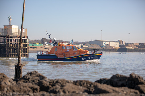 The All-Weather Lifeboat; 'Enid Collett', launching on a Sunday morning training session in Shoreham Harbour.