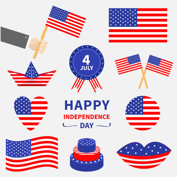 illustrazioni stock, clip art, cartoni animati e icone di tendenza di set di icone happy independence day. stati uniti d'america. 4 luglio. sventolando, attraversato bandiera americana, cuore, rotondo, torta, distintivo con nastri, barca di carta, mano, labbra. sfondo bianco. design piatto - fourth of july honor freedom square