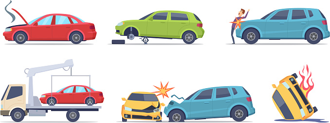 Car accident. Damaged transport on the road repair service insurances vehicle vector illustrations in cartoon style