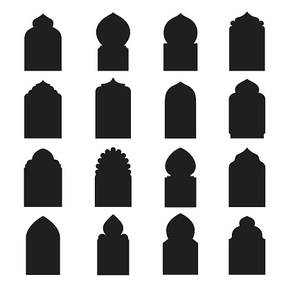 Arabic arch window and doors black set. Traditional design and culture. Vector flat style cartoon illustration isolated on white background