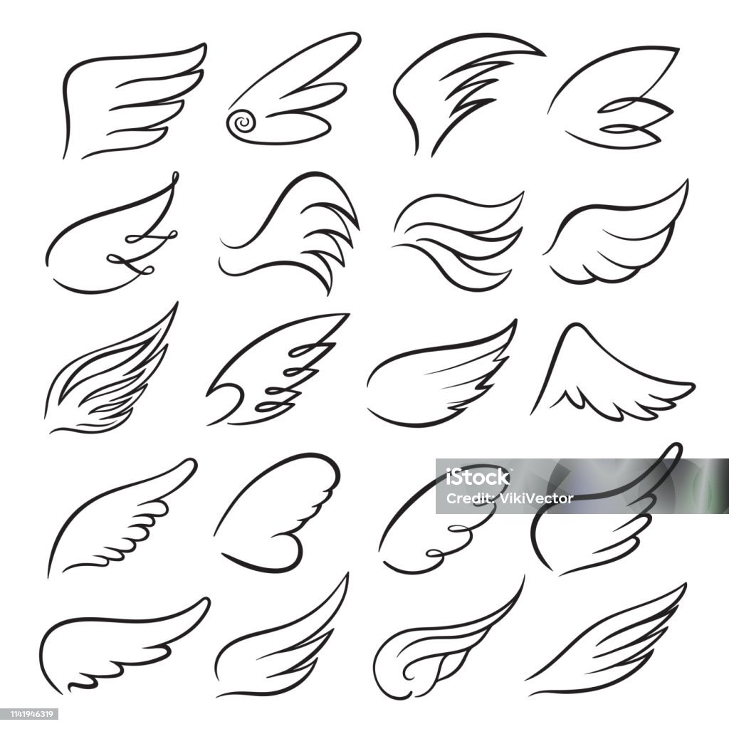 Wings icon set, bird drawing in motion Wings icon set, bird drawing in spread and motion. Angel shape element. Vector line art illustration isolated on white background Animal Wing stock vector