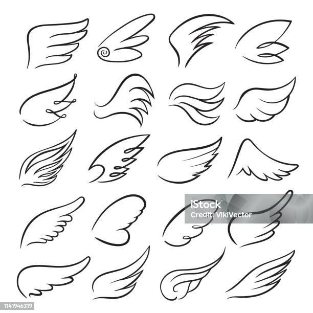 Wings Icon Set Bird Drawing In Motion Stock Illustration - Download Image Now - Animal Wing, Drawing - Activity, Sketch
