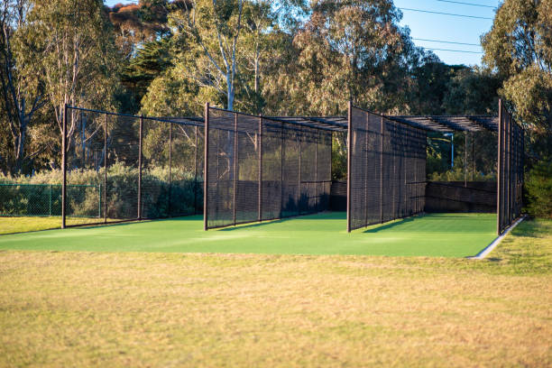 una red de práctica de cricket - sport of cricket practicing cricket player net fotografías e imágenes de stock