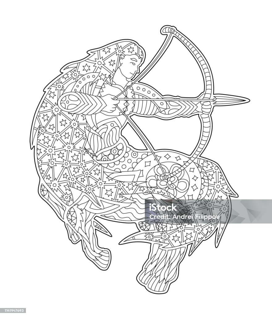 Black and white zen art with sagittarius Beautiful coloring book page with sagittarius silhouette on white background Constellation stock vector