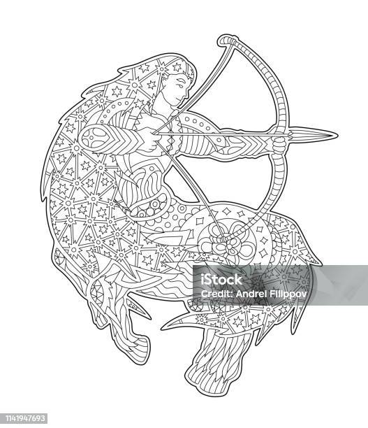 Black And White Zen Art With Sagittarius Stock Illustration - Download Image Now - Constellation, Hunter, Archery Bow