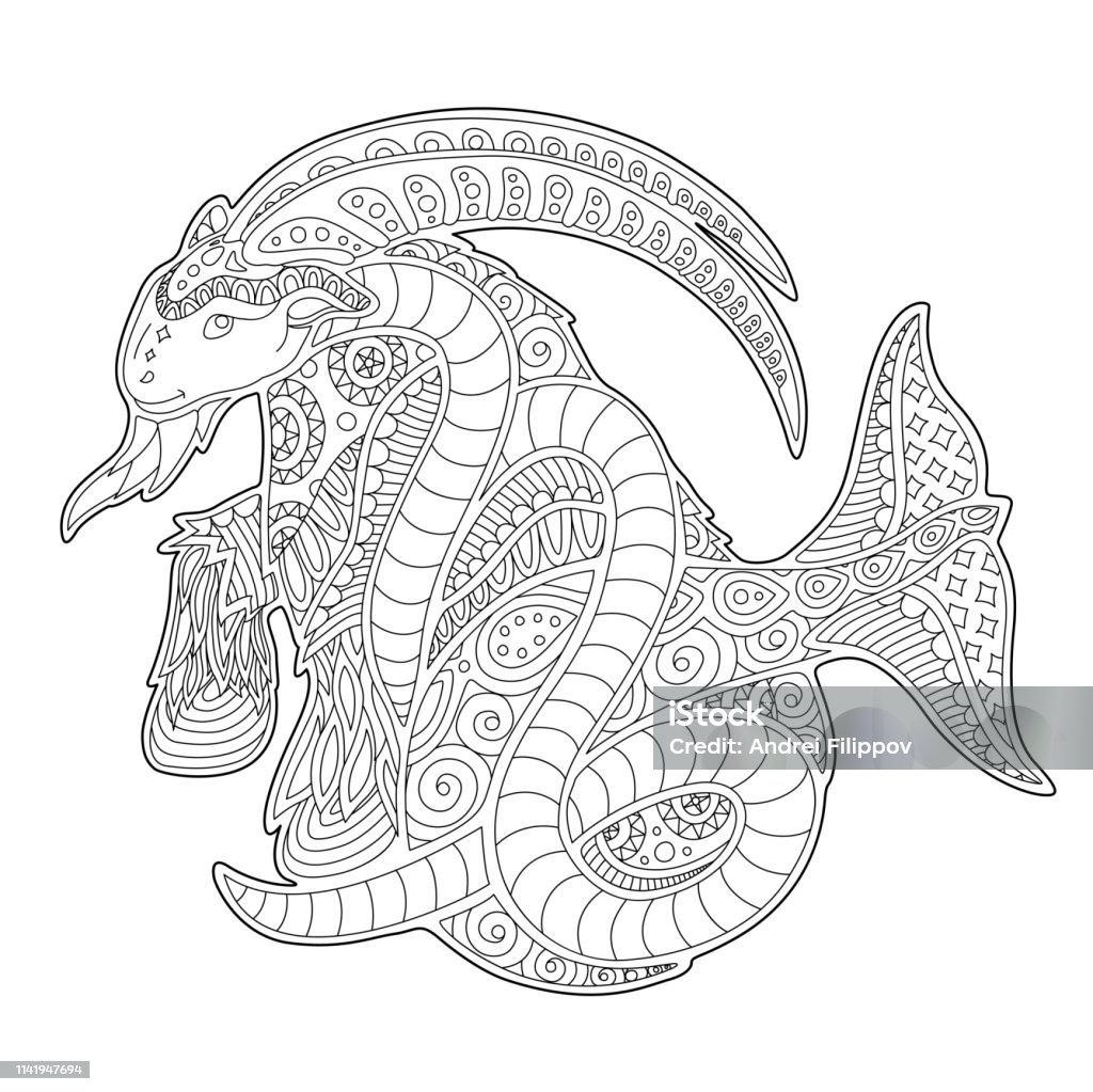Coloring book page with nice capricorn silhouette Beautiful coloring book page with capricorn silhouette on white background Astrology Sign stock vector