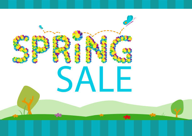 Springtime Sale Season Concept Template. Editable Clip Art. Concept of Spring Seasonal Sale Posters or banners with Spring themes like butterflies, flowers, trees and field. Vector and jpg first day of spring stock illustrations