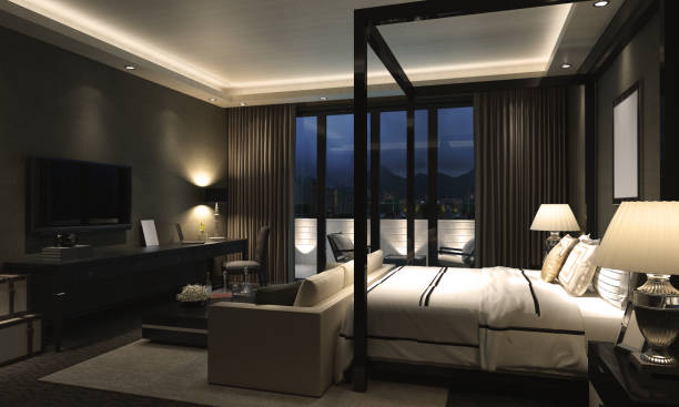 interior luxuoso do quarto - hotel bedroom contemporary hotel room - fotografias e filmes do acervo