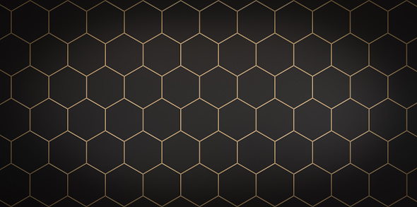 Dark background of black cells with a gold stroke and blackout at the edges - 3D illustration