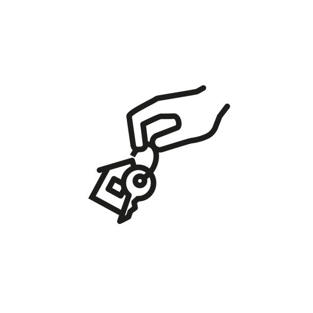 Hand holding key line icon Hand holding key line icon. Giving key with house shaped trinket. Real estate concept. Vector illustration can be used for house buying, home selling, mortgage, rent landlord stock illustrations