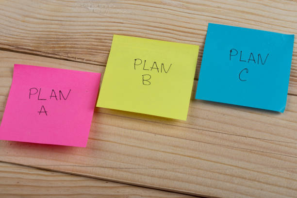 план, план b или план c на красочных офисных наклейках на деревянном столе - plan letter b change planning стоковые фото и изображения