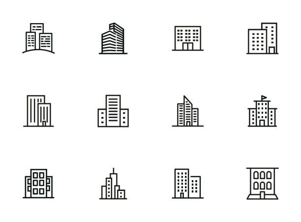zestaw ikon linii budynków miejskich - biuro stock illustrations