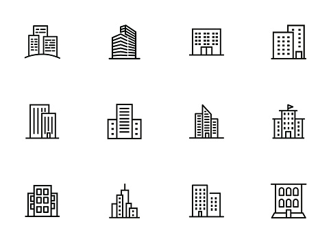 City buildings line icon set. Office building, apartment house, business area. Urban life concept. Can be used for topics like town, big city, architecture