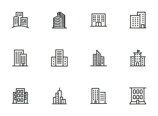 City buildings line icon set City buildings line icon set. Office building, apartment house, business area. Urban life concept. Can be used for topics like town, big city, architecture public building stock illustrations