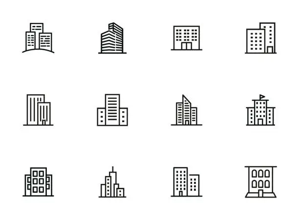 Vector illustration of City buildings line icon set