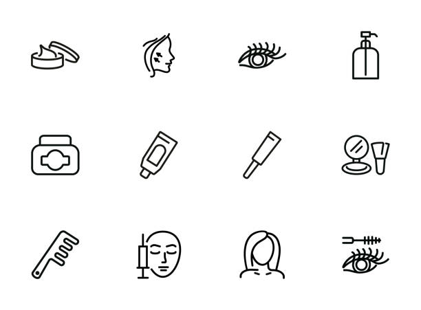 Beauty care line icon set Beauty care line icon set. Cream, eyelashes, mascara, botox. Beautician concept. Can be used for topics like beauty salon, cosmetic products, face lifting botox bottle stock illustrations