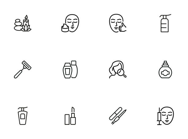 Skin care line icon set Skin care line icon set. Injection, lipstick, manicure. Beautician concept. Can be used for topics like beauty salon, makeup, cosmetology botox bottle stock illustrations