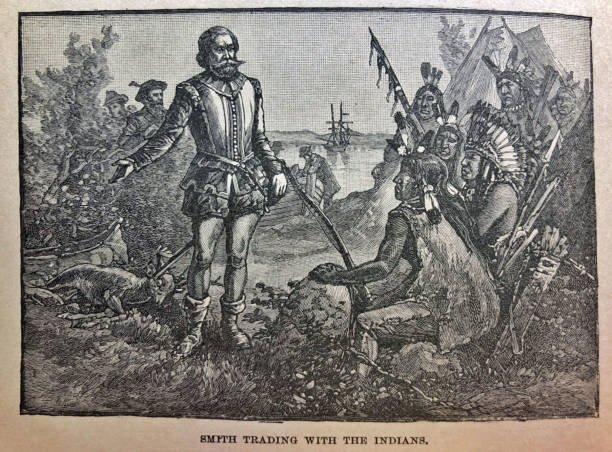 History of the United States - Captain John Smith trading with the indians - illustration From Barness Primary History of the United States published in 1885 old indian stock illustrations