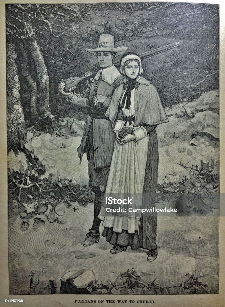 History of the United States - Puritans going to church - illustration From Barness Primary History of the United States published in 1885 Pilgrim stock illustration