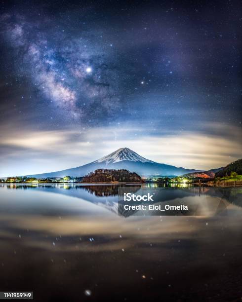 Milky Way And Mount Fuji At Night Reflected On Lake Kawaguchi Japan Stock Photo - Download Image Now