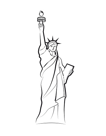 Minimalist, minimal, simplified sketch, illustration, drawing or doodle, of the Statue of Liberty, on Liberty Island, New York City, USA. Simple black and white sketch image showing the Statue of Liberty from worm's-eye view, frog's-eye view. One line vector drawing. Single color, white background. Black and white.  4th of July, Independence, Liberty, pride, patriotism, public celebratory event, National Day.
