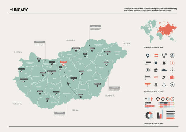 wektorowa mapa węgier.  wysoka szczegółowa mapa kraju z podziałem, miastami i stolicą budapesztu. mapa polityczna, mapa świata, elementy infografiki. - węgry stock illustrations