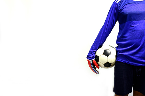 Soccer goalkeeper standing to play against white background