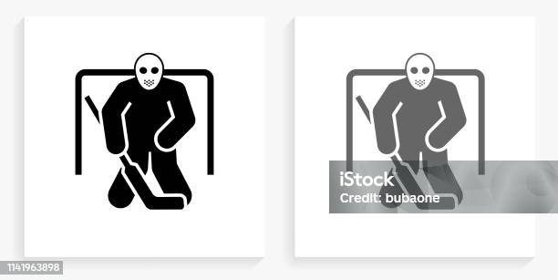 Hockey Gate Keeper Black And White Square Icon Stock Illustration - Download Image Now - Black And White, Conceptual Symbol, Face Guard - Sport