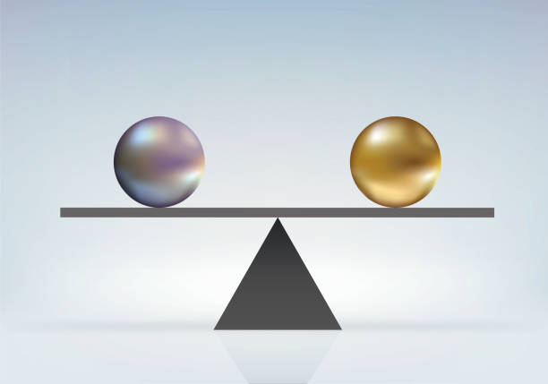 symbol idealnej równości między dwoma identycznymi ciężarami w równowadze na skali - znak równości stock illustrations