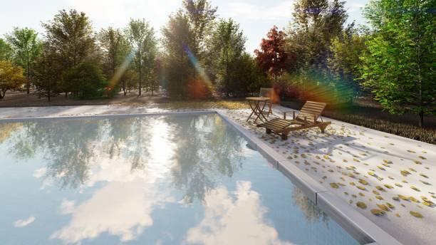 istock The camera flies past the pool in autumn on a clear Sunny day. 3D Rendering 1141966672