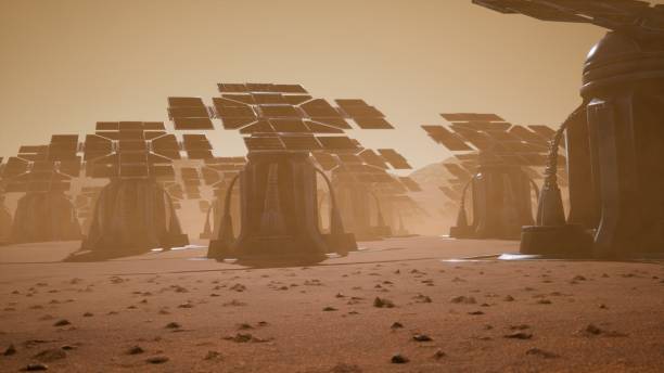 istock Giant solar panels on the surface of Mars during a dust storm. Panoramic landscape on the surface of Mars. 3D Rendering 1141966708