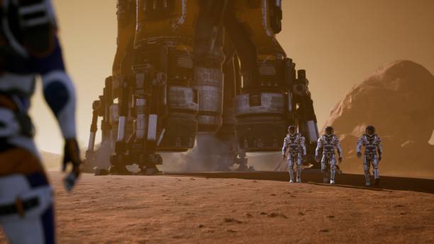 istock Astronauts go to the Rover after landing in a rocket on. Panoramic landscape on the surface of Mars. 3D Rendering 1141966721