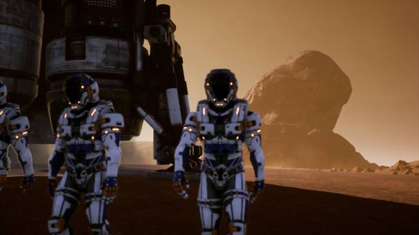 istock Astronauts walk on the surface of Mars after landing in a rocket. Panoramic landscape on the surface of Mars. 3D Rendering 1141966725