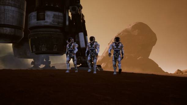 istock Astronauts walk on the surface of Mars after landing in a rocket. Panoramic landscape on the surface of Mars. 3D Rendering 1141966727
