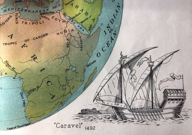 ilustrações, clipart, desenhos animados e ícones de história dos estados unidos-navio de vela do tipo de caravel 1492-ilustração - colony