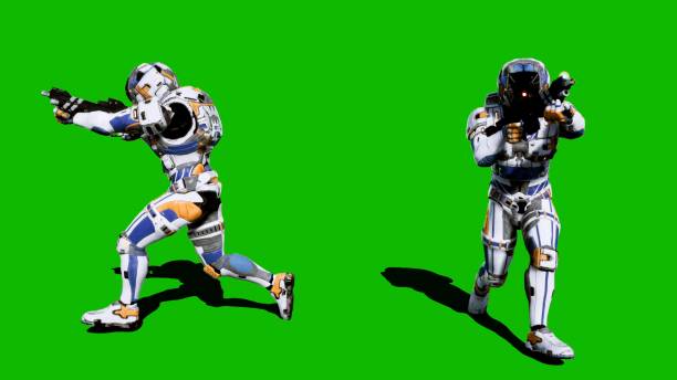 istock A lone soldier of the future runs with weapons on a green screen background. 3D Rendering 1141969349